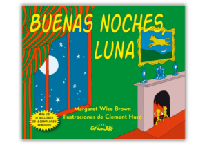 Portada del libro infantil Buenas noches, luna, con ilustraciones suaves y coloridas de una habitación al anochecer, ideal para la rutina de sueño de los niños pequeños.