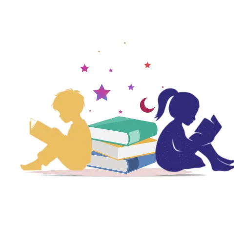 Logo de Lectura para Peques: Niños leyendo junto a una pila de libros bajo estrellas y lun