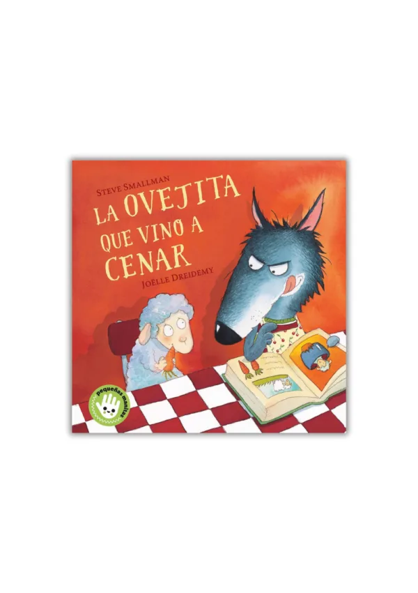 Portada del cuento infantil ‘La ovejita que vino a cenar’ de Steve Smallman, con ilustración de un lobo y una ovejita leyendo un libro juntos