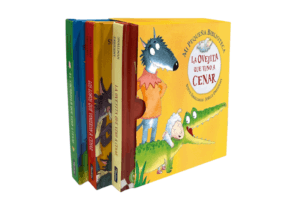 Pack de libros infantiles de la colección "La ovejita que vino a cenar". La imagen muestra varios libros de la serie con portadas ilustradas, destacando la historia del lobo y la ovejita en un fondo amarillo con un cocodrilo sonriente.