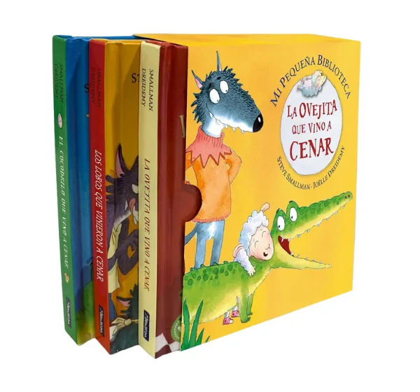 Pack de libros infantiles de la colección "La ovejita que vino a cenar". La imagen muestra varios libros de la serie con portadas ilustradas, destacando la historia del lobo y la ovejita en un fondo amarillo con un cocodrilo sonriente.