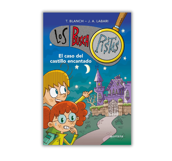 Portada del libro Los BuscaPistas: El caso del castillo encantado, con Pepa y Maxi investigando un castillo misterioso.