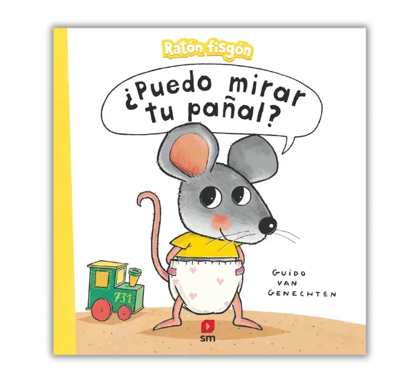 Portada del libro infantil ¿Puedo mirar tu pañal? de Guido Van Genechten, con la ilustración de un ratón curioso que lleva un pañal y un juguete de tren al fondo. para ayudar a dejar el pañal