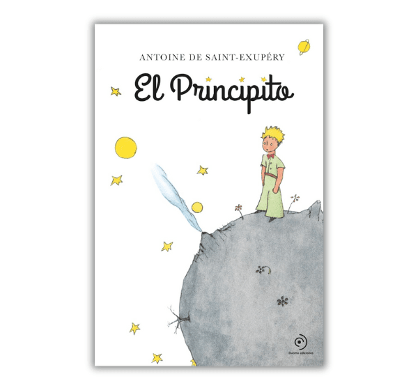 ortada del libro El Principito, con el personaje principal, un niño rubio con un traje verde, de pie sobre un pequeño planeta, mirando las estrellas.