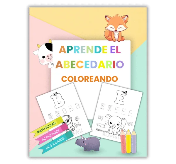 Portada del libro infantil para colorear el abecedario con letras mayúsculas y animales