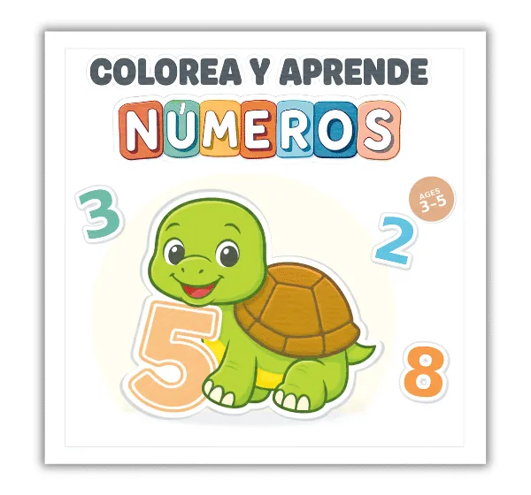 Portada del libro infantil Colorea y Aprende Números con una tortuga y números grandes para niños de 3 a 5 años