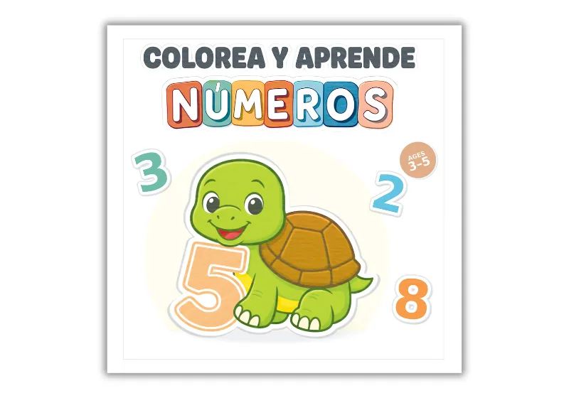 Portada del libro infantil Colorea y Aprende Números con una tortuga y números grandes para niños de 3 a 5 años