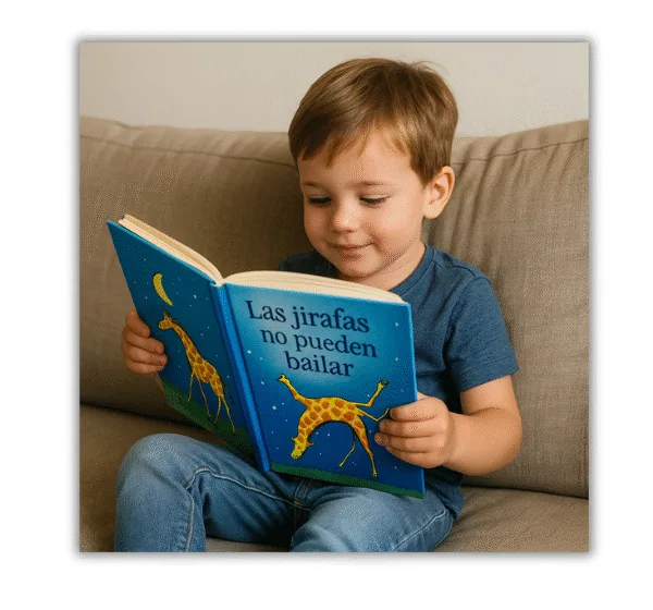 Niño leyendo el libro Las jirafas no pueden bailar en el sofá