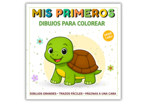 Portada del libro infantil “Mis primeros dibujos para colorear” con tortuga verde, para niños desde 1 año.