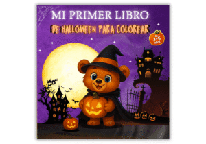 Halloween para colorear- Portada del libro infantil de Halloween para colorear con osito y calabazas, para niños de 3 a 5 años.