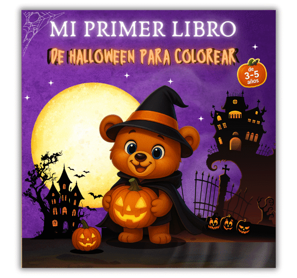 Halloween para colorear- Portada del libro infantil de Halloween para colorear con osito y calabazas, para niños de 3 a 5 años.