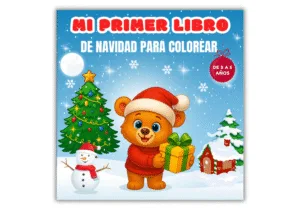 oso navideño con jersey rojo y gorro de santa sosteniendo un regalo junto a un muñeco de nieve y un árbol de navidad en un paisaje invernal