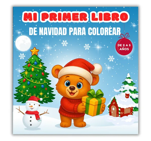 oso navideño con jersey rojo y gorro de santa sosteniendo un regalo junto a un muñeco de nieve y un árbol de navidad en un paisaje invernal