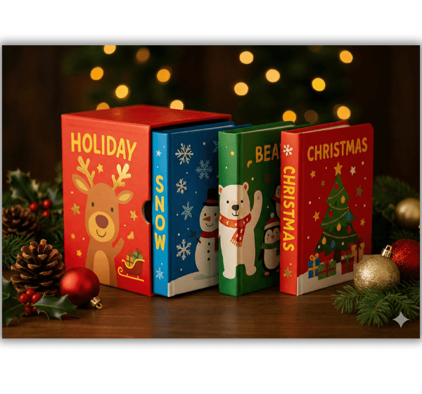 colección de libros infantiles navideños con portadas de colores y adornos de Navidad