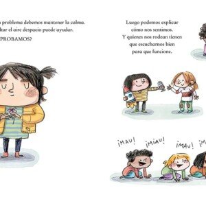 Página de un libro infantil que muestra a una niña respirando para calmarse y a varios niños resolviendo problemas y trabajando en equipo