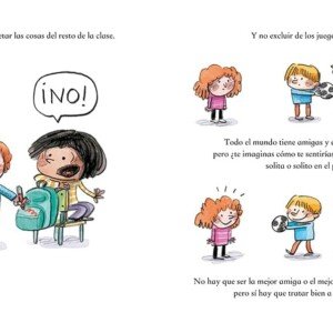 "Ilustración de un libro infantil sobre el respeto en el aula y la inclusión en los juegos, con una niña diciendo '¡NO!' y niños jugando juntos en el patio