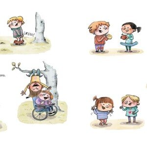 Ilustración de un libro infantil que muestra a niños de diversas apariencias y habilidades jugando juntos, con el mensaje 'Somos diferentes por fuera y también por dentro