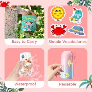 Características de los libros interactivos con stickers: fácil de llevar, vocabulario simple, stickers reutilizables y resistentes al agua