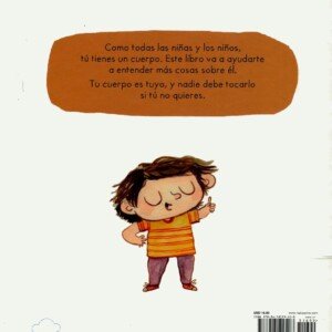 Contraportada del libro 'Tu cuerpo es tuyo', con ilustración de un niño y el texto: 'Como todas las niñas y los niños, tú tienes un cuerpo. Este libro va a ayudarte a entender más cosas sobre él. Tu cuerpo es tuyo, y nadie debe tocarlo si tú no quieres.' Logo de la editorial NubeOcho en la esquina inferior izquierda