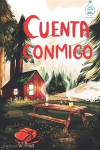 Ver en Amazon Portada del libro Cuenta conmigo con cabaña en el bosque, mesa de picnic y tazas humeantes