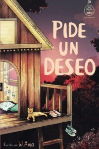 Ver en Amazon Portada del libro Pide un deseo con casa del árbol iluminada y un gato descansando