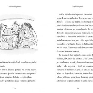 Ilustración de La increíble historia de la abuela gánster, una página del libro con dibujos y texto.