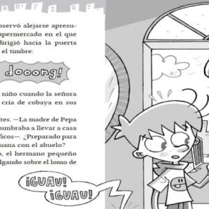 Ilustración del interior del libro Los BuscaPistas con Maxi y la señora Pistas sosteniendo una cría de cobaya.