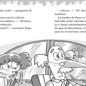 Ilustración del libro Los BuscaPistas con Pepa, Maxi y su abuelo en el coche, sorprendidos por un imprevisto.