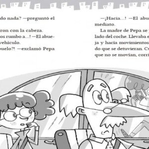 Ilustración del libro Los BuscaPistas con Pepa, Maxi y su abuelo en el coche, sorprendidos por un imprevisto.
