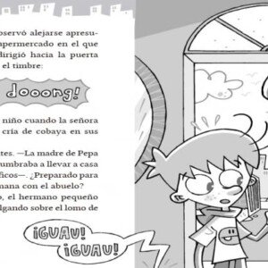 Ilustración interior del libro Los BuscaPistas con Pepa y Maxi recibiendo un animal en la puerta de casa.