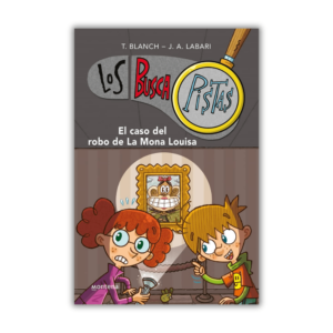Pepa y Maxi se enfrentan a su caso más difícil: descubrir quién robó la valiosa Mona Louisa. ¿Podrán resolver el misterio a tiempo? Portada del libro Los BuscaPistas: El caso del robo de La Mona Louisa, con Pepa y Maxi investigando.