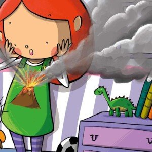 Ilustración del libro infantil 'Tengo un volcán', donde Alba muestra su emoción con un volcán en su pecho, representando la rabia que siente.