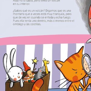 Página interior del libro infantil 'Tengo un volcán' de Miriam Tirado, con ilustraciones coloridas y un texto que explica cómo Alba siente la rabia como un volcán dentro de ella