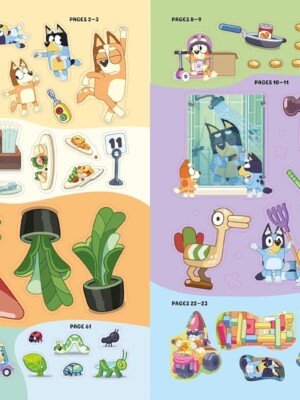 Páginas interiores del libro Bluey Super Stickers, con pegatinas de Bluey y su familia, objetos cotidianos, comida y escenas divertidas para jugar y decorar