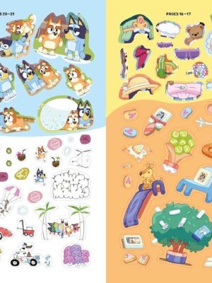Páginas interiores del libro Bluey Super Stickers, con adhesivos de Bluey y su familia, accesorios y escenarios interactivos para jugar y decorar