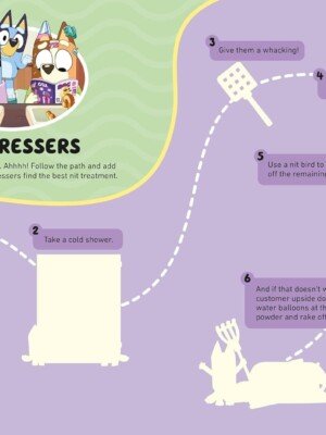 Página del libro Bluey Super Stickers con la actividad Hairdressers, donde los niños pueden seguir el camino y añadir pegatinas para ayudar a los personajes a encontrar el mejor tratamiento para los piojos.