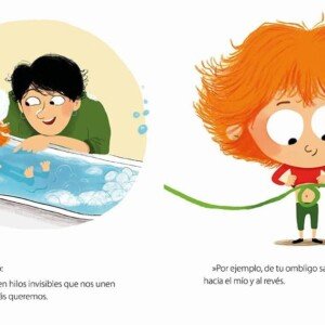 Ilustración del libro El hilo invisible de Miriam Tirado, donde una madre explica a su hijo el concepto de los hilos invisibles que nos unen con las personas que amamos