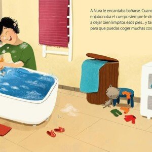Ilustración del libro El hilo invisible de Miriam Tirado, donde Nura disfruta de un baño mientras su madre le habla sobre el cuidado y el amor familiar