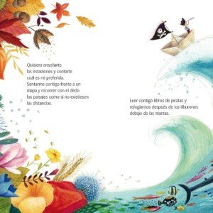 Ilustración del libro Hijo de Ariel Andrés Almada, con un mensaje poético sobre el amor de un padre hacia su hijo, acompañado de coloridas imágenes de la naturaleza y el mar