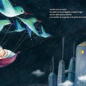 Ilustración del libro Hijo de Ariel Andrés Almada, con un bebé en una cuna flotante llevada por colibríes en un cielo estrellado sobre una ciudad de ensueño