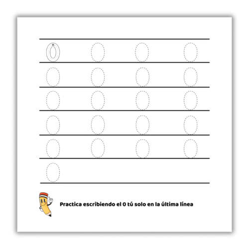 Ficha para trazar el número 0, con guía y práctica libre en la última línea.