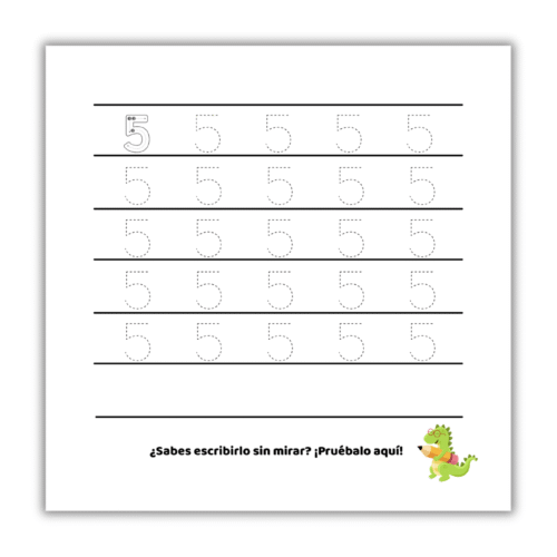 Ficha infantil para trazar el número 5 con guía y práctica final sin ayuda.