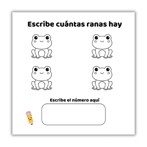 Ficha infantil para contar ranas y escribir el número correcto.