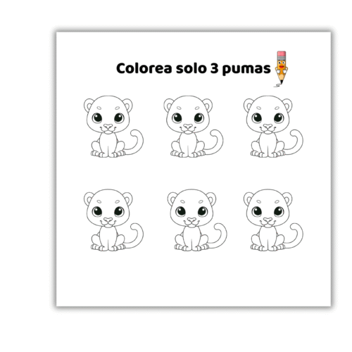 Ficha para aprender a contar y colorear: colorea solo 3 pumas entre seis.