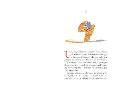 Ilustración de una boa enrollada con una imagen de un elefante en su interior, representando el primer dibujo de El Principito