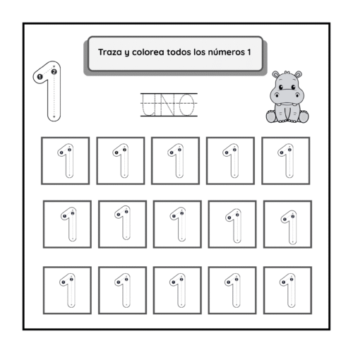 Ficha para trazar el número 1 con hipopótamo, actividad de escritura y números para niños pequeños