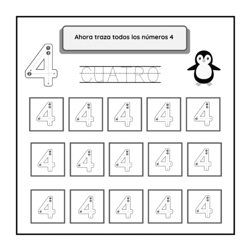Ficha para trazar el número 4 con pingüino, actividad educativa para que los niños practiquen escritura y números