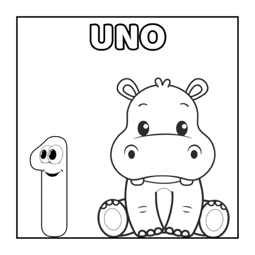 Dibujo para colorear del número 1 con un hipopótamo, actividad educativa para niños pequeños