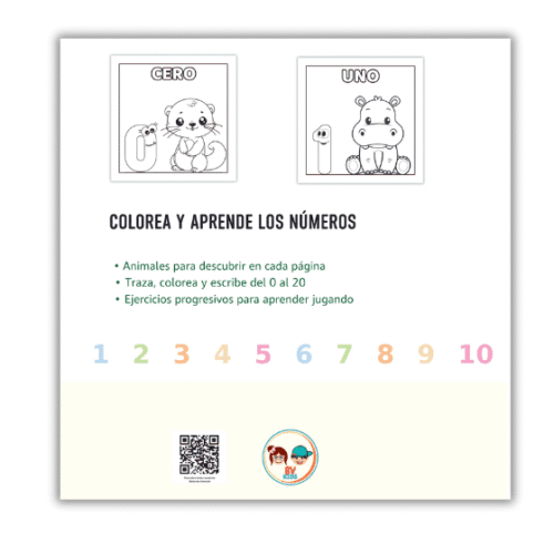 Contraportada del libro para colorear y aprender los números del 0 al 10 con animales y actividades infantiles