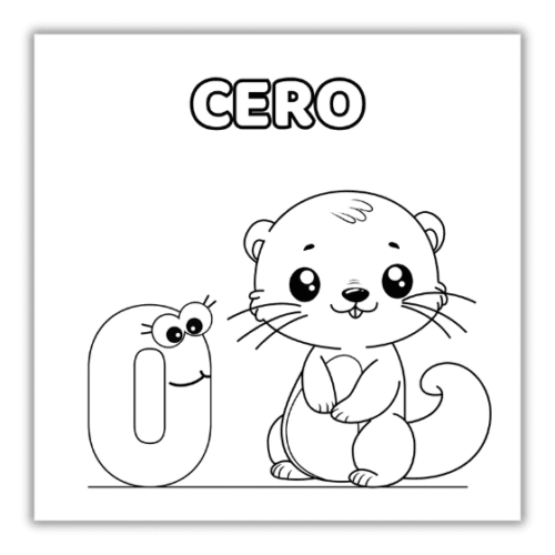 Número 0 para colorear y trazar con ilustración de nutria simpática